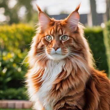 A Maine Coon in close-up with beautiful fluffy white-red fur and beautiful amber eyes. Sitting in the garden on the lawn and looking away. Generative AI