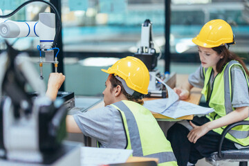 Trainees programing robotic arm in practical lesson at robotics academy, focusing on hands-on skills