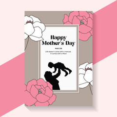 8th May Happy Mother's Day  Silhouette of Mother and Son Inside White and Pink Floral Frame 