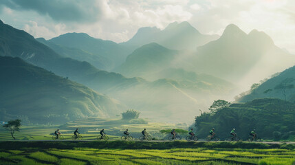 There are many health-conscious people riding bicycles chasing after the green mountains - obrazy, fototapety, plakaty