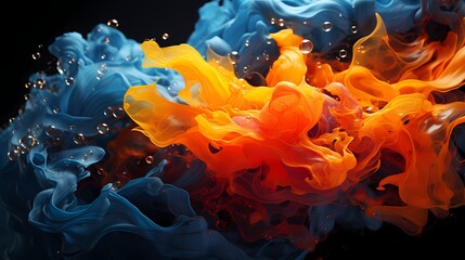 Neon orange and deep blue liquids in a powerful collision, crafting a vibrant and intense abstract composition captured by an HD camera