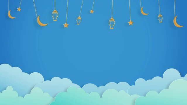 animation of golden stars, crescents, moons, and clouds on blue backgrounds, ramadan kareem theme, 4K Animation.