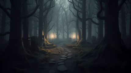 Fototapeta na wymiar Mysterious dark woods and misty paths, perfect for a Halloween scene