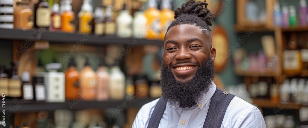 Poster man with beard standing in front of shelf of liquor bottles