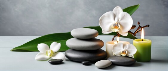 Zen stones, candles, and white orchid on green-grey background.