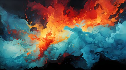 Molten lava red and cool aqua liquids colliding with explosive energy, forming a visually stunning and intense abstract display - obrazy, fototapety, plakaty