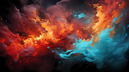 Molten lava red and cool aqua liquids colliding with explosive energy, forming a visually stunning and intense abstract display