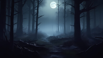 Mysterious dark woods and misty paths, perfect for a Halloween scene