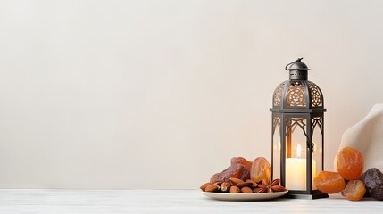 Vibrant flat lay: arabic lantern and traditional snacks on white marble table

 - obrazy, fototapety, plakaty