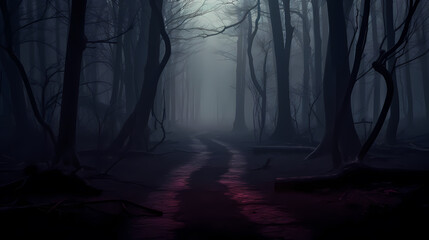Mysterious dark woods and misty paths, perfect for a Halloween scene