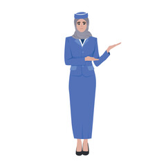 Young muslim woman Stewardess Dressed In Uniform pointing right. Flat vector illustration isolated on white background