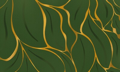 Green leaf background with golden line and texture. abstract leaf elegant luxury wallpaper hand drawn