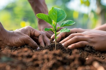 A close-up of hands planting a young tree in fertile soil symbolizing reforestation