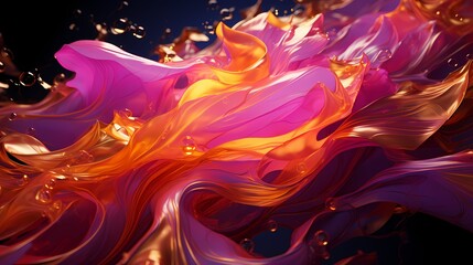 Molten gold and neon pink liquids explosively merging, creating a mesmerizing and abstract scene captured in high definition