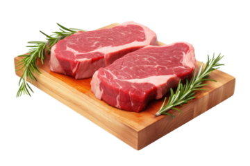 fresh, raw, red beef meat on wooden cutting board, on a transparent background. PNG, cutout, or clipping path.	
