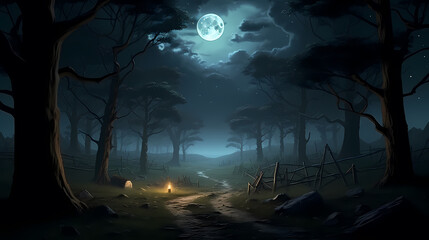 Mysterious dark woods and misty paths, perfect for a Halloween scene