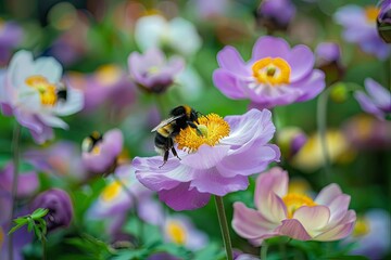 Bees pollinating flowers in a lush pesticide-free garden
