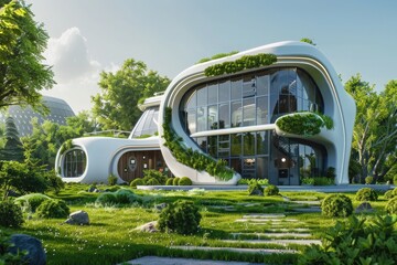 A depiction of a futuristic smart home equipped with green technologies such as solar panels, energy-efficient windows