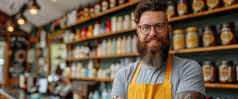 Poster man with beard and glasses standing in front of shelves of beer