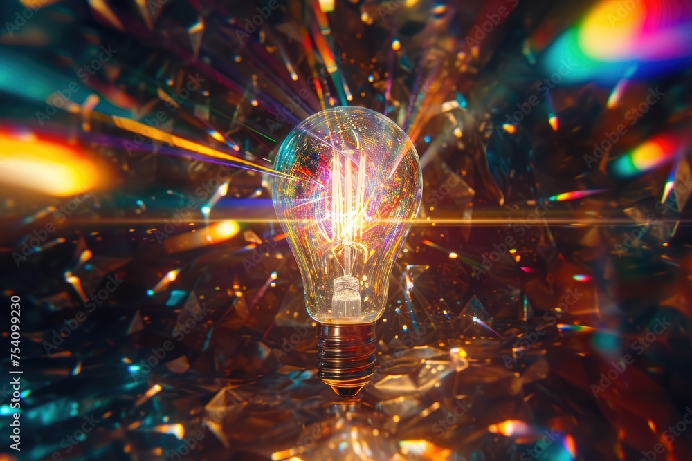 Poster a crystal-clear light bulb exploding and creating a prism effect with its colors, resembling a kalei