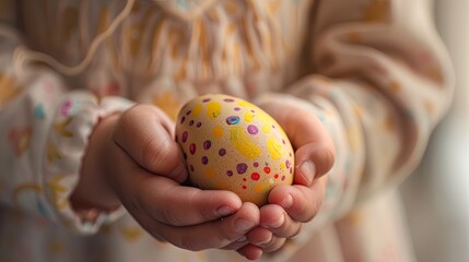 Close up kid's hand holding egg in cupped  with soft light studio on beige background.