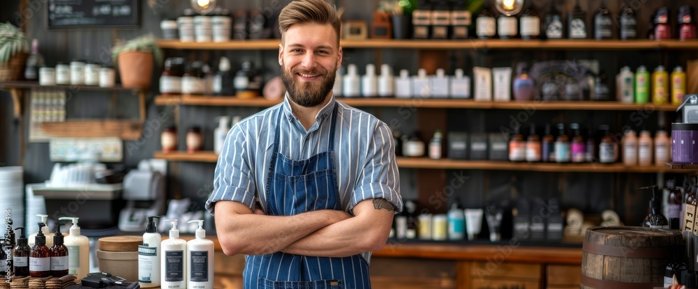 Poster man standing in front of shelf of bottles