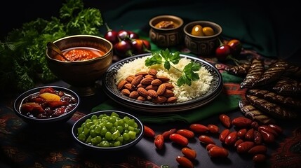 Vibrant spread of delicious arabic cuisine with fresh mint leaves, salsa, and almonds, perfect for ramadan festivities

