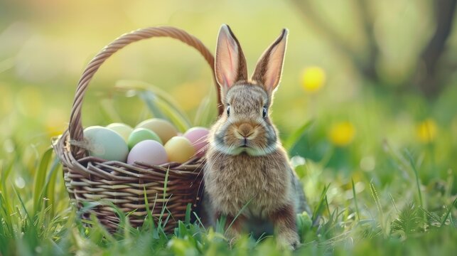 Image of cute, fluffy little bunny and easter eggs in a basket on a spring meadow.
