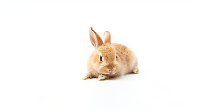 Portrait of healthy fluffy cute baby rabbit in studio with soft light isolated on white background.