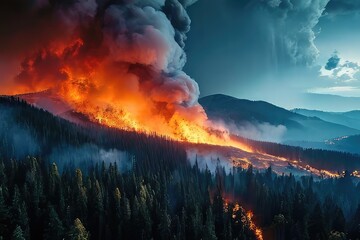 Aerial photography of a raging forest fire in a mountainous region - obrazy, fototapety, plakaty