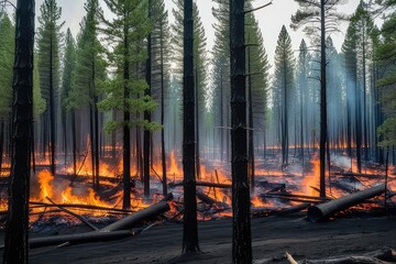Forest fire, burning trees in the foreground