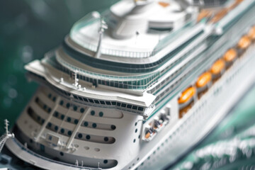 A detailed model ship captures the grandeur of a cruise liner in miniature, set against a sea-green backdrop.
