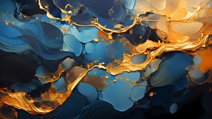 Molten gold and deep indigo liquids colliding mid-air, creating a breathtaking abstract display of intense vibrancy