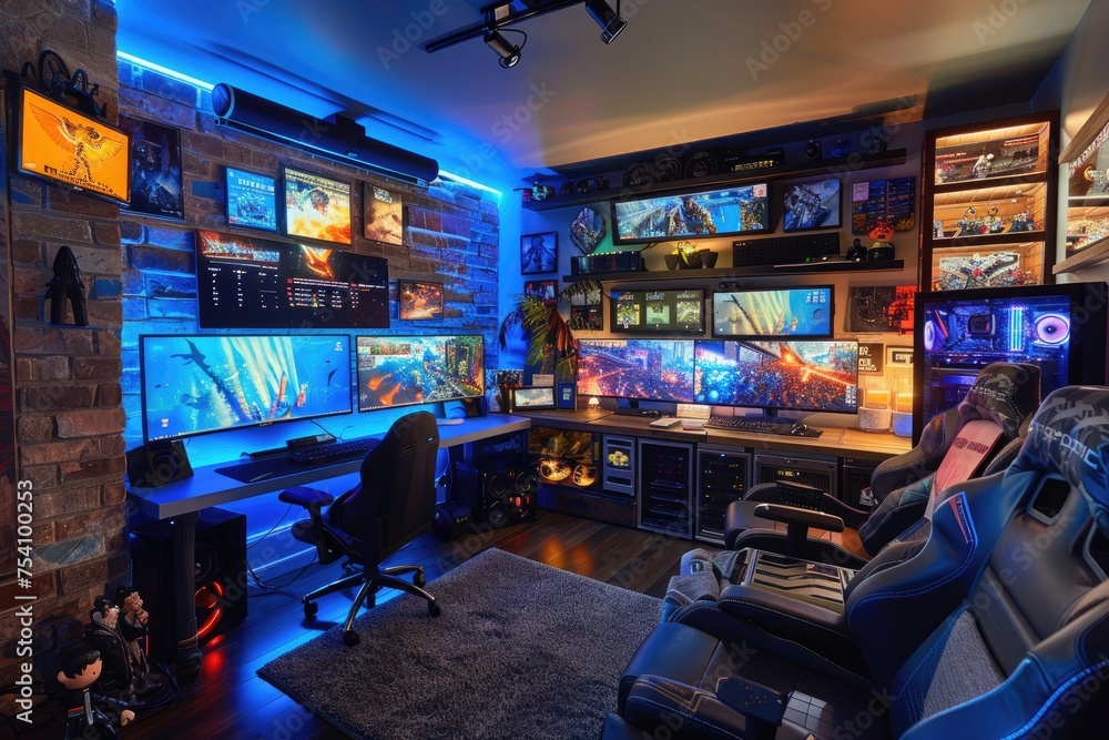 Poster nook with led backlighting behind the monitors and under the desk, providing a soft glow that contra