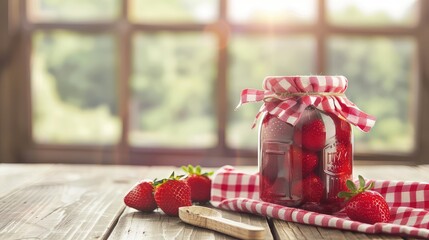 Homemade dessert of canned strawberries in a glass jar on a wooden table. A jar filled with strawberry decadence. - Powered by Adobe