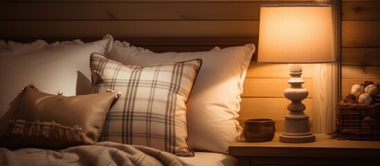 This image showcases a cozy bedroom setting with a neatly made bed adorned with soft pillows. A reading lamp sits on a nightstand beside the bed, adding a warm glow to the room.