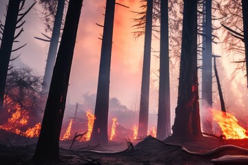 Forest fire, burning trees in the foreground - obrazy, fototapety, plakaty