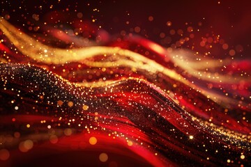 An image capturing the dynamic movement of ruby-red liquid waves, with streaks of golden glitter creating paths of light. The deep red background amplifies the contrast of the gold sparkles. 8k
