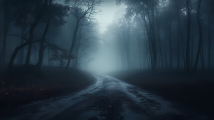 Fototapeta na wymiar Mysterious dark forest at night, halloween background