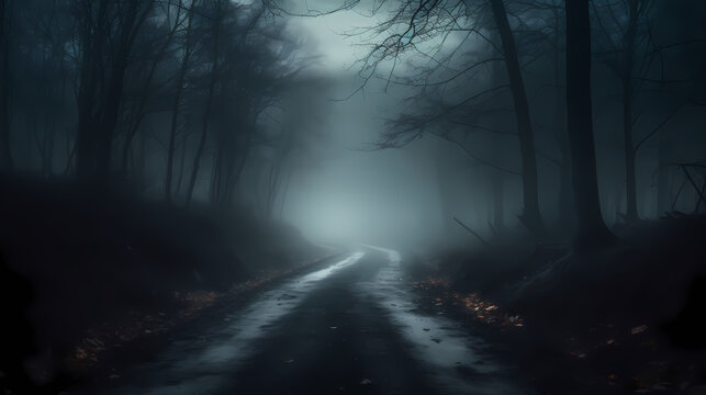 Mysterious dark forest at night, halloween background
