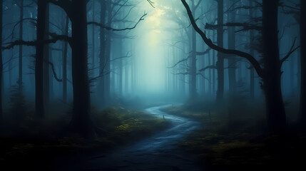 Fototapeta premium Mysterious dark forest at night, halloween background