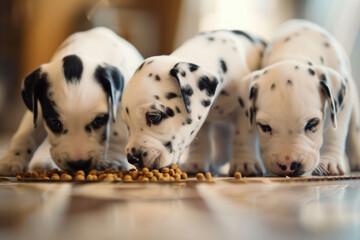  Three Dalmatian puppies enthusiastically share a meal, their spots almost as numerous as their kibbles. - obrazy, fototapety, plakaty