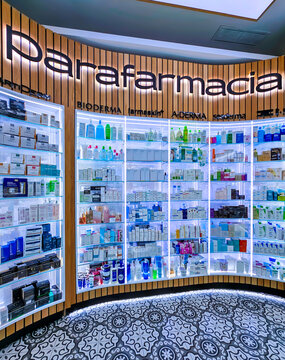 SPAIN, MARBELLA, 26, MAY, 2023: Modern store interior with a variety of organic cosmetics in Marbella, Spain. Shop cosmetics concept of interior.