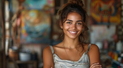Fototapeta premium Attractive Hispanic female artist confidently poses with crossed arms in her studio.