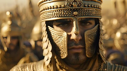 The leader of the Akkadian army adorned in golden armor stands confidently a his soldiers. His wisdom and bravery inspire respect and loyalty in his troops.