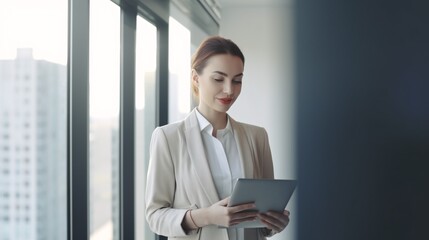 Fototapeta premium A youthful, joyful female executive using a tablet while standing near the window in the workplace and gazing at the lens. Blank area.