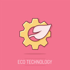 Leaf and gear icon in comic style. Cog with plant cartoon vector illustration on isolated background. Eco machine splash effect sign business concept.