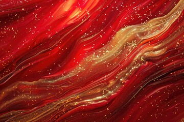 An image capturing the dynamic movement of ruby-red liquid waves, with streaks of golden glitter...