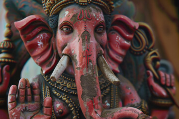 An intricately detailed statue of Ganesha, the revered elephant-headed Hindu god, emblematic of knowledge and abundance. - obrazy, fototapety, plakaty
