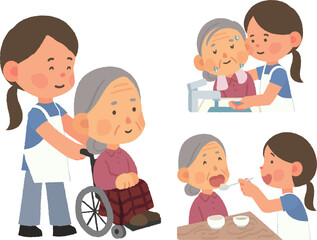 Welfare illustrations for the elderly - support for walking, washing your face and eating